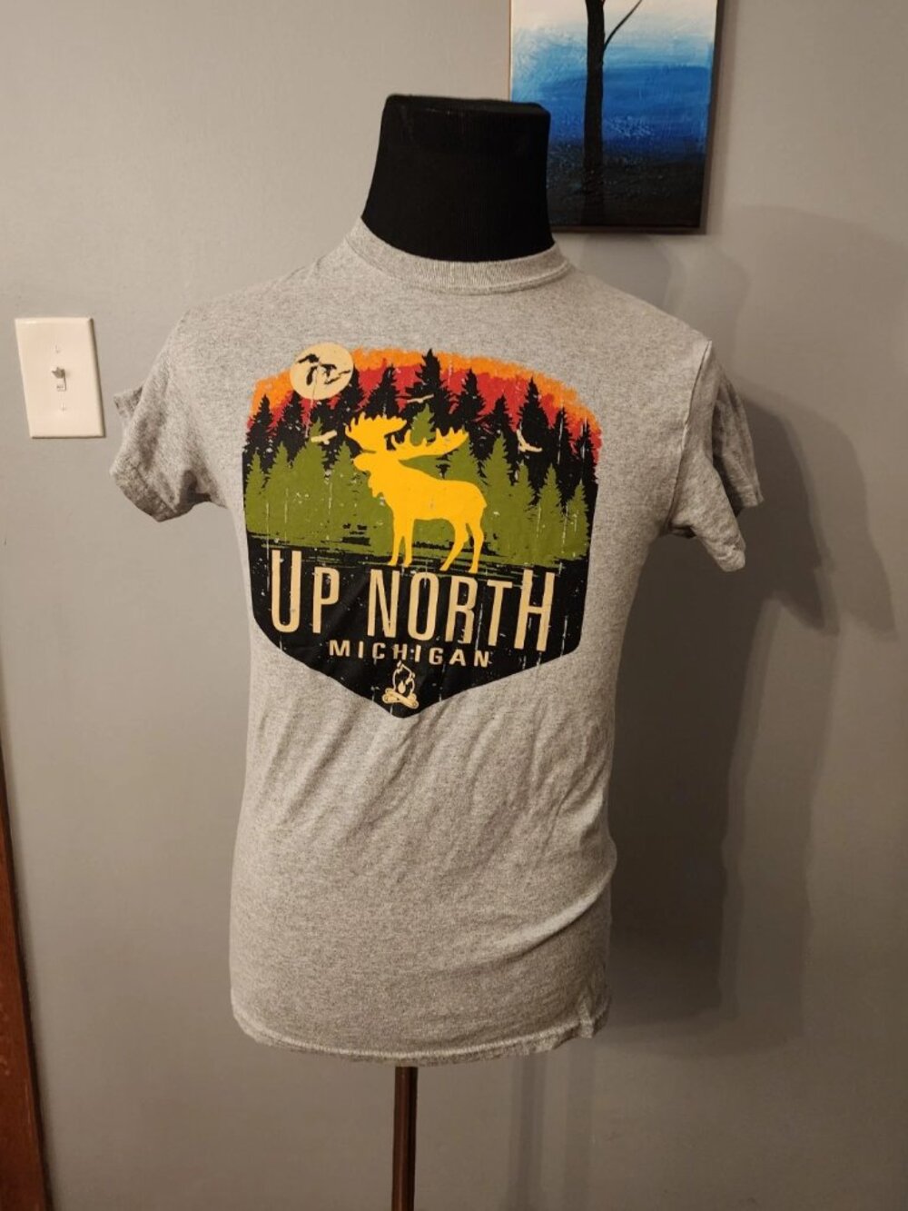 Michigan Up North Men's T-Shirt Moose Heavy Cotton Gray Size Small